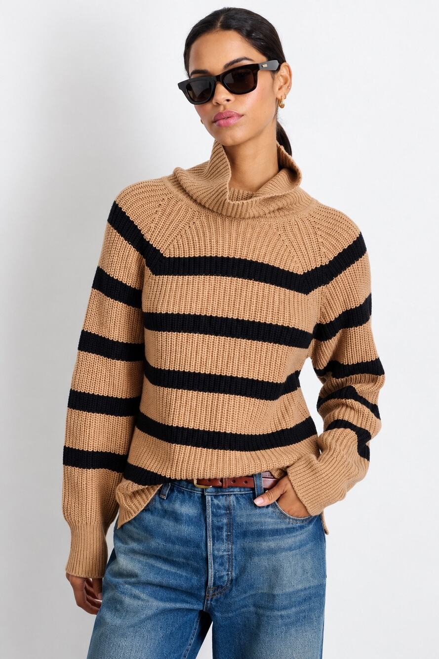 Alex Mill Chelsea Striped Turtleneck Cotton Cashmere Sweater Tan Black Medium